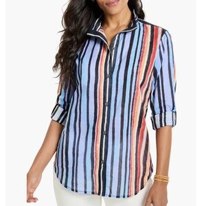 Nic+Zoe Painted Peninsula Stand Collar Cotton Button Up Shirt Blue Multi L